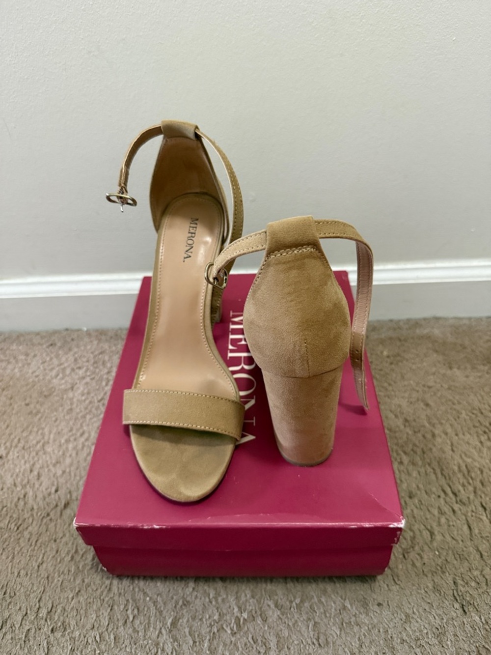 Merona Tan Suede Block Heel Ankle Strap Sandals